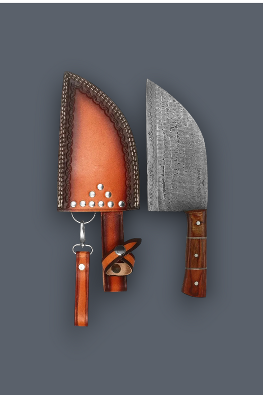 A chef's knife with a textured steel blade and a brown wooden handle, displayed next to its brown leather sheath with silver studs, on a solid dark gray background.