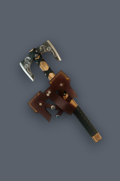 A Viking-style bearded axe with a wooden handle, black leather-wrapped head, and a brown leather sheath, shown on a solid dark gray background.