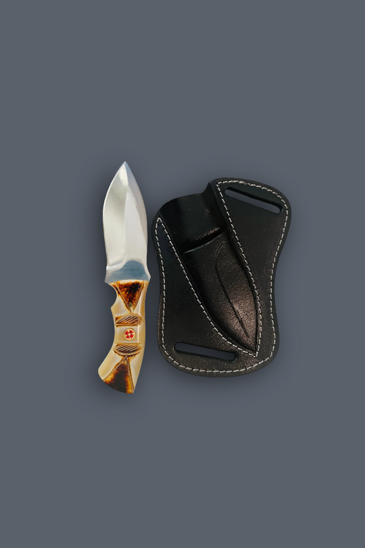 A fixed-blade knife with a polished silver blade and a decorative tan and brown handle, shown next to a black leather sheath with white stitching on a solid dark gray background.