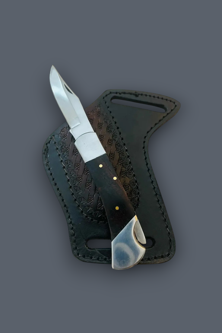 A compact folding pocket knife with sheath with a polished silver blade and handle, featuring brass pins, resting on its black leather sheath against a dark gray background.