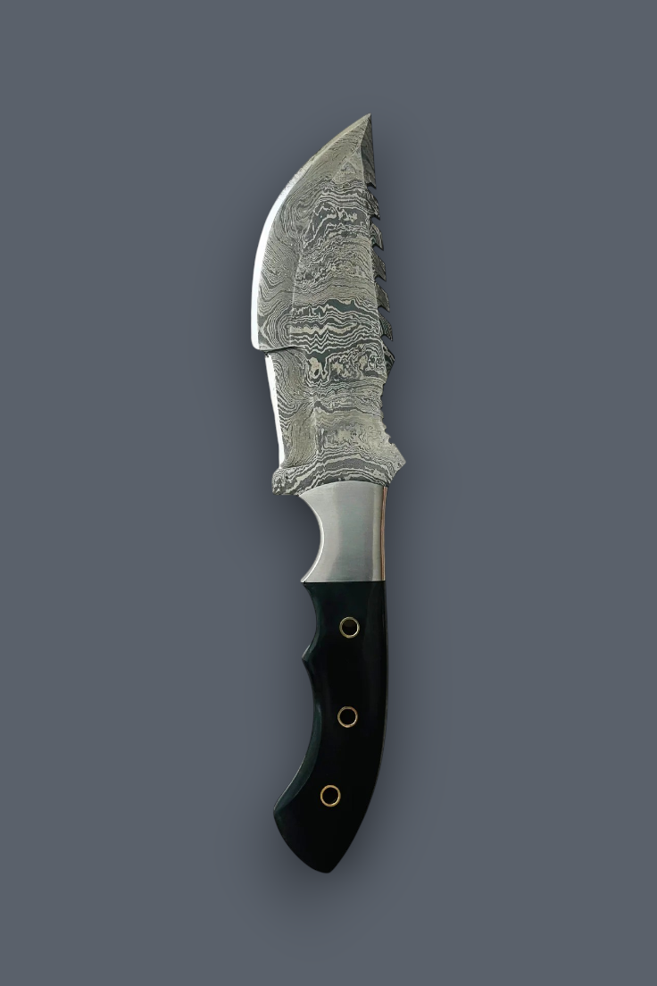 A custom fixed-blade knife with a highly patterned Damascus steel blade and a black handle, shown vertically against a solid dark gray background.
