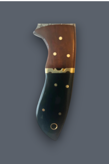 A decorative knife handle with a curved shape, featuring a brown wood upper section, a gold-colored metal band, and a dark black lower section, all adorned with small gold inlays.
