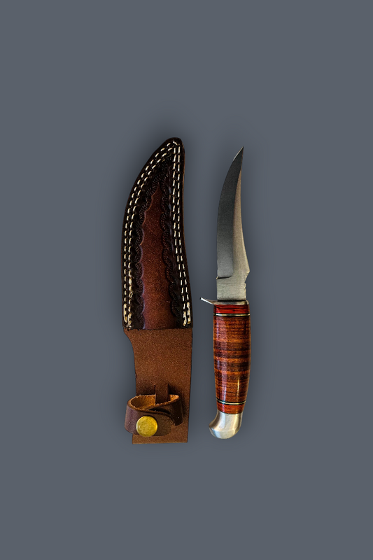 A fixed-blade knife with a striped reddish-brown wooden handle and a silver steel blade, shown next to its brown leather sheath with white contrast stitching on a solid dark gray background.