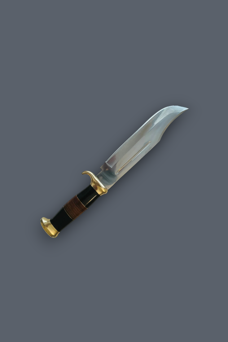 A fixed-blade knife with a curved silver blade, gold-toned guard and pommel, and a dark brown and black wrapped handle, shown diagonally on a solid dark gray background.
