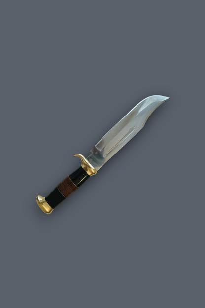 A fixed-blade knife with a curved silver blade, gold-toned guard and pommel, and a dark brown and black wrapped handle, shown diagonally on a solid dark gray background.
