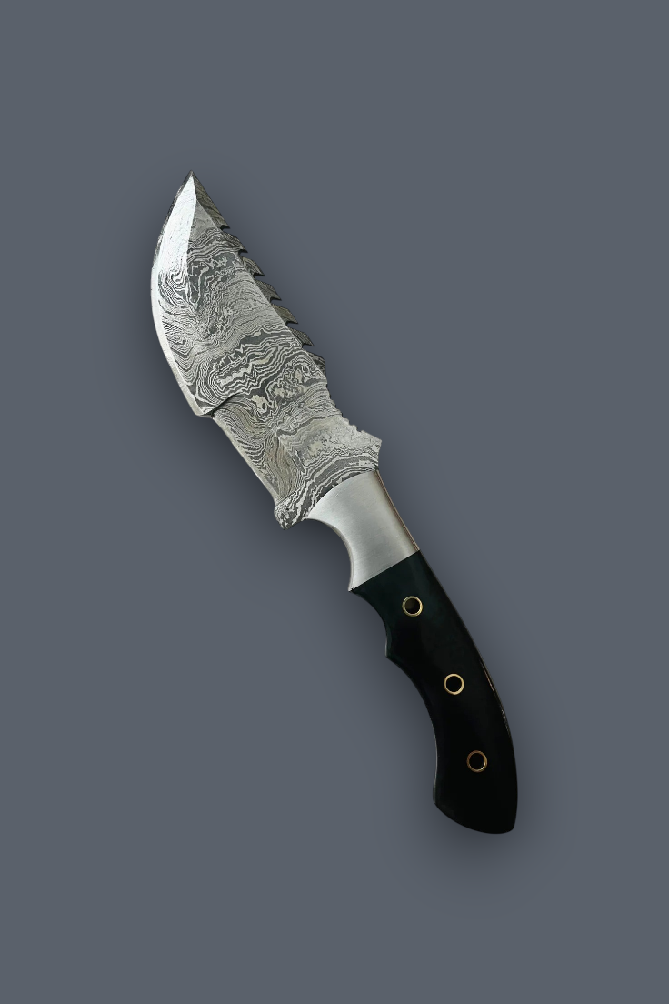 A fixed-blade knife with a patterned Damascus steel blade and a black handle secured by brass rivets, shown diagonally on a solid dark gray background.