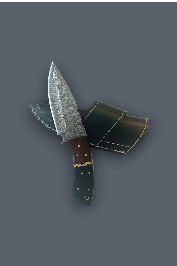 A fixed-blade knife with a patterned steel blade, dark brown handle, and green handle, shown crossed with its black leather sheath on a solid dark gray background.