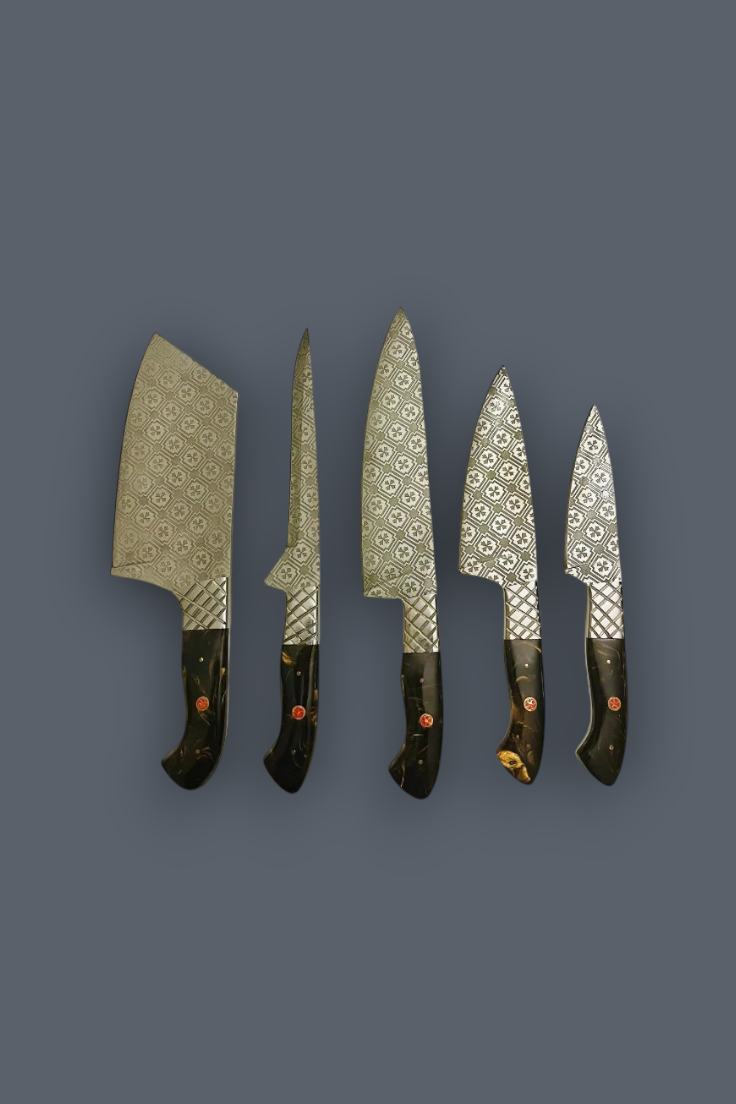 Five kitchen knives with patterned silver blades and dark handles arranged vertically on a solid dark gray background.