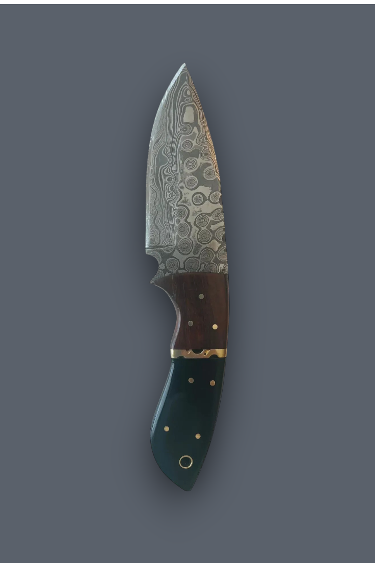 A fixed-blade knife with a patterned Damascus-style steel blade, a dark brown wooden handle section, and a dark green handle with brass pins, shown against a solid dark gray background.