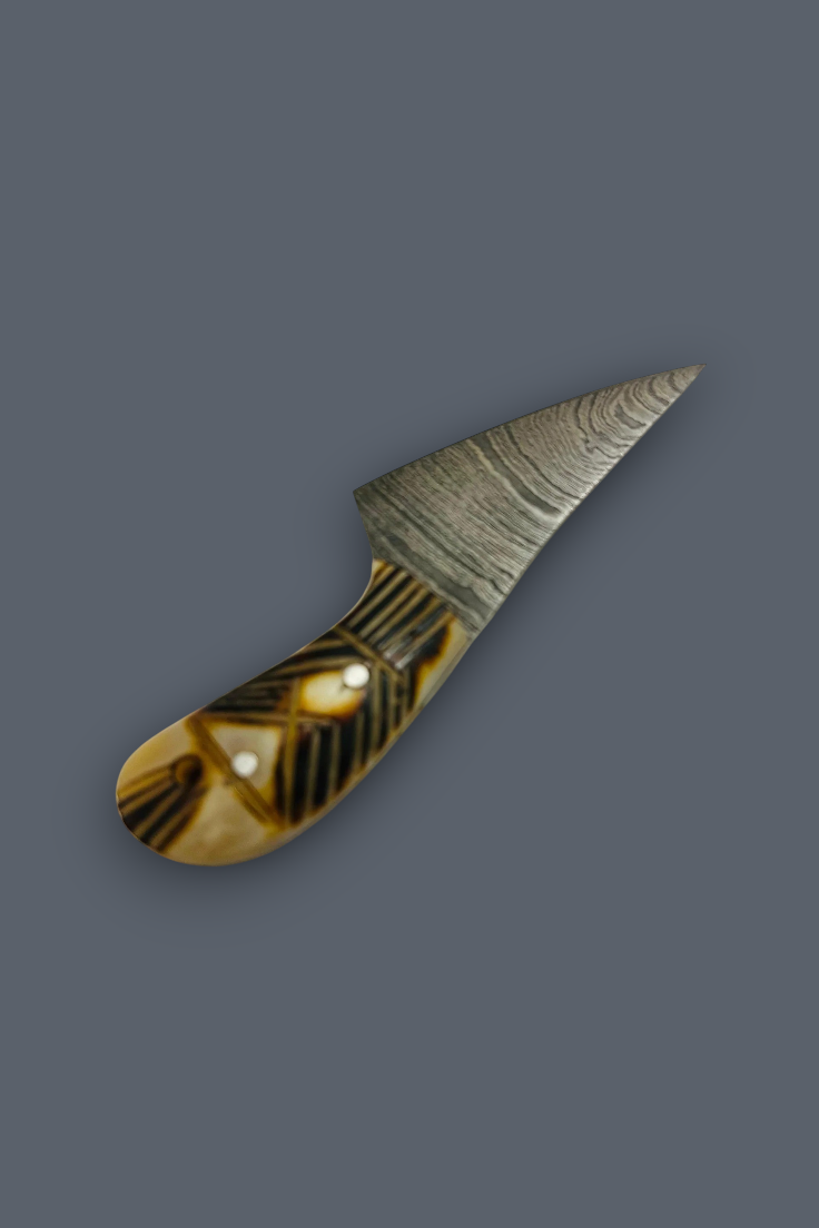 A small fixed-blade knife with a patterned steel blade and a carved handle made of alternating dark brown and light tan wood, shown on a solid dark gray background.
