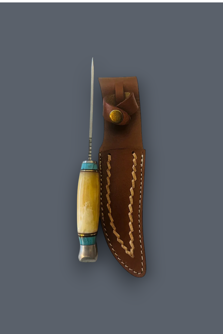 A fixed-blade knife with a light wood handle and turquoise accents, shown next to its brown leather sheath with decorative stitching, on a solid dark gray background.