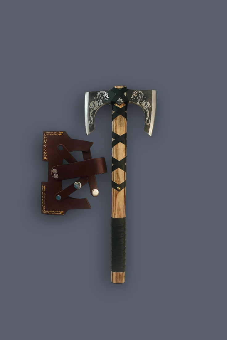 A Viking-style double bearded axe with a wooden handle wrapped in black cord, mounted on a brown leather sheath against a solid dark gray background.