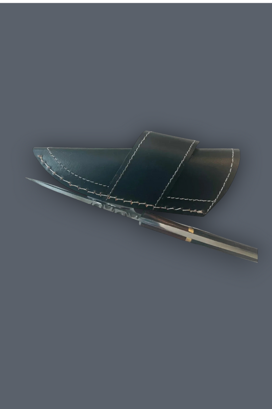 A dark leather sheath with white contrast stitching, shown with a partially unsheathed dagger or knife on a solid dark gray background.