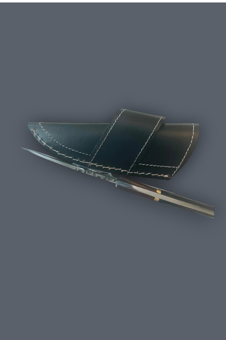 A dark leather sheath with white contrast stitching, shown with a partially unsheathed dagger or knife on a solid dark gray background.
