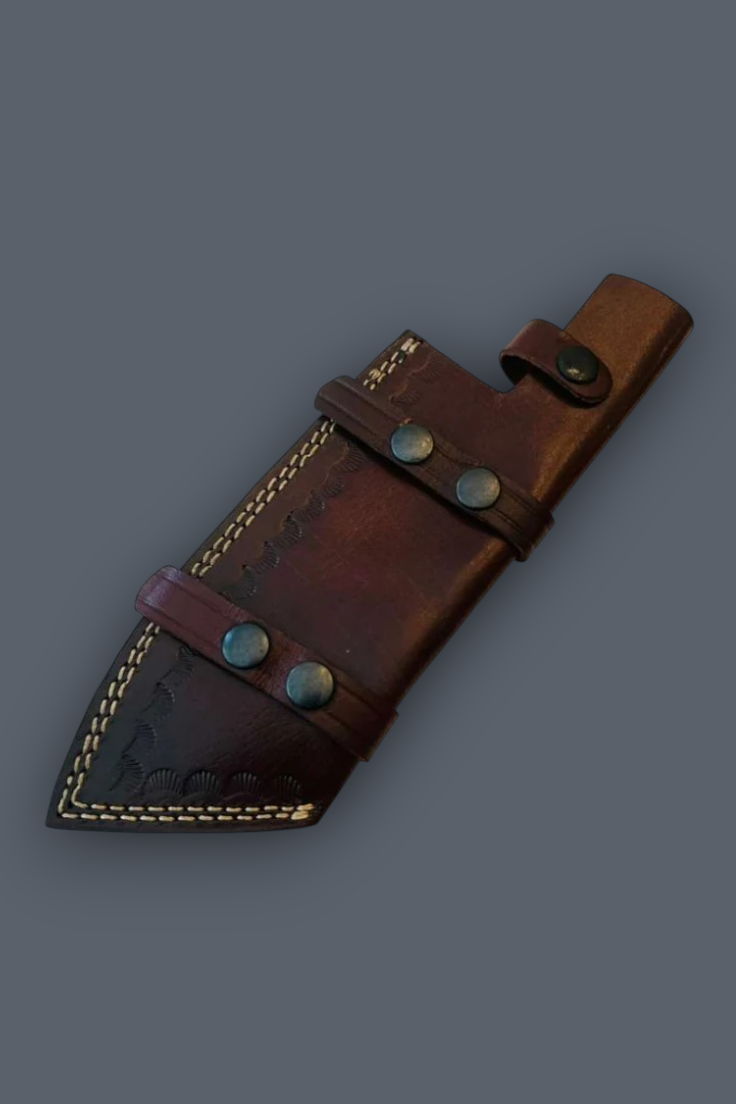 A dark brown leather knife sheath with decorative stitching and brass-toned rivets, shown on a solid dark gray background.
