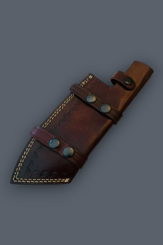 A dark brown leather knife sheath with decorative stitching and brass-toned rivets, shown on a solid dark gray background.
