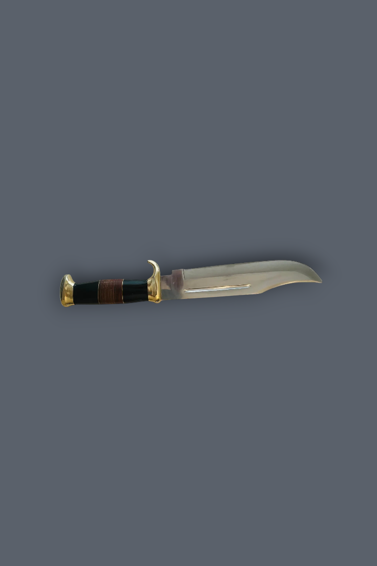 A small fixed-blade knife with a curved silver blade, gold-toned guard and pommel, and a dark brown wrapped handle, shown on a plain dark gray background.