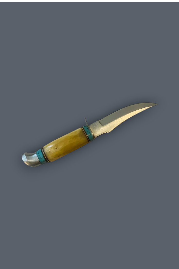A fixed-blade knife with a curved yellow-brown handle, turquoise-colored inlay bands, and a silver-colored metal blade, shown against a solid dark gray background.
