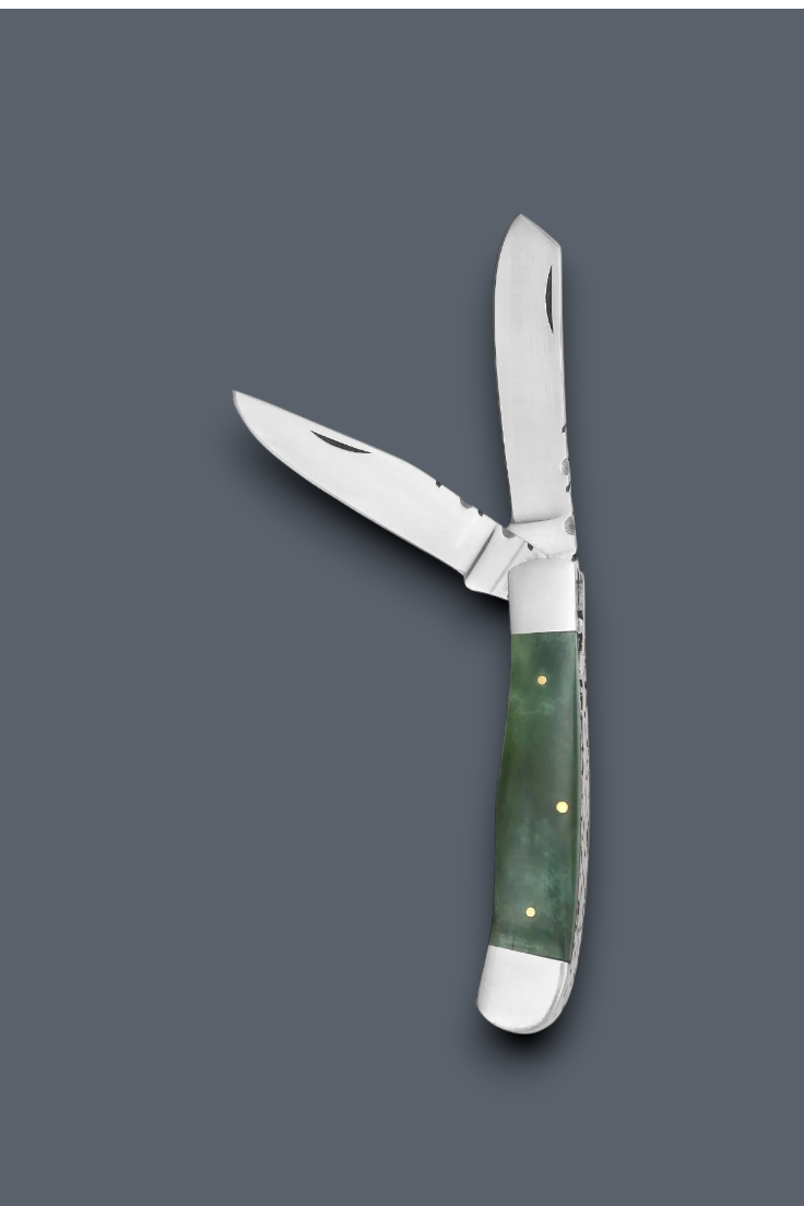 A classic folding pocket knife with a green bone handle and silver steel blades, shown open against a solid dark gray background.