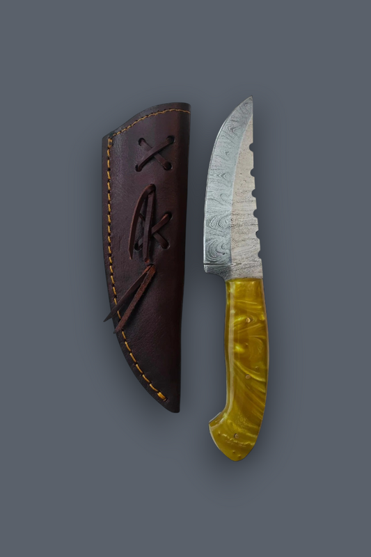 A fixed-blade knife with a patterned steel blade and a marbled yellow handle, shown next to its dark brown leather sheath on a solid gray background.