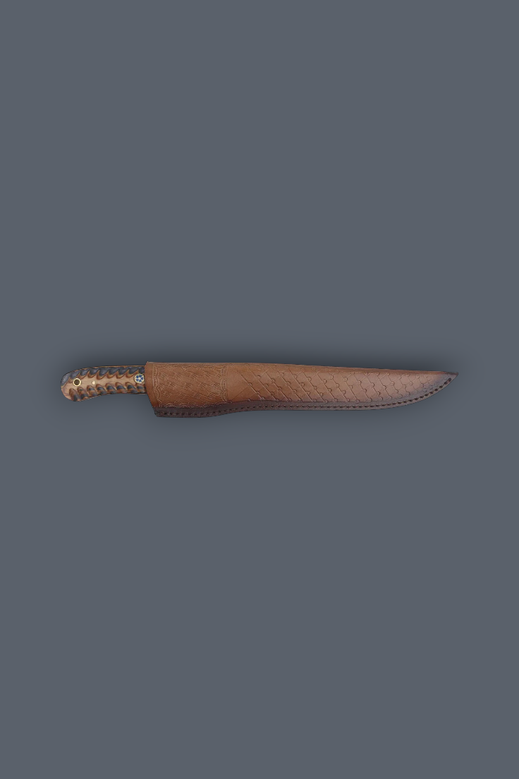 A traditional knife with a textured brown leather sheath and a wrapped handle, displayed horizontally against a solid dark gray background.