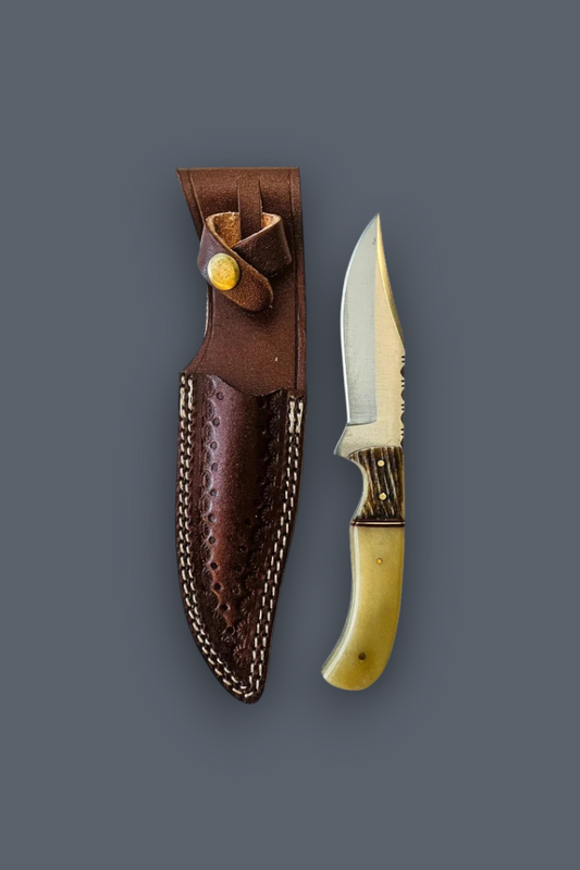 A fixed-blade knife with a silver blade and bone-colored handle, displayed next to its brown leather sheath on a solid dark gray background.