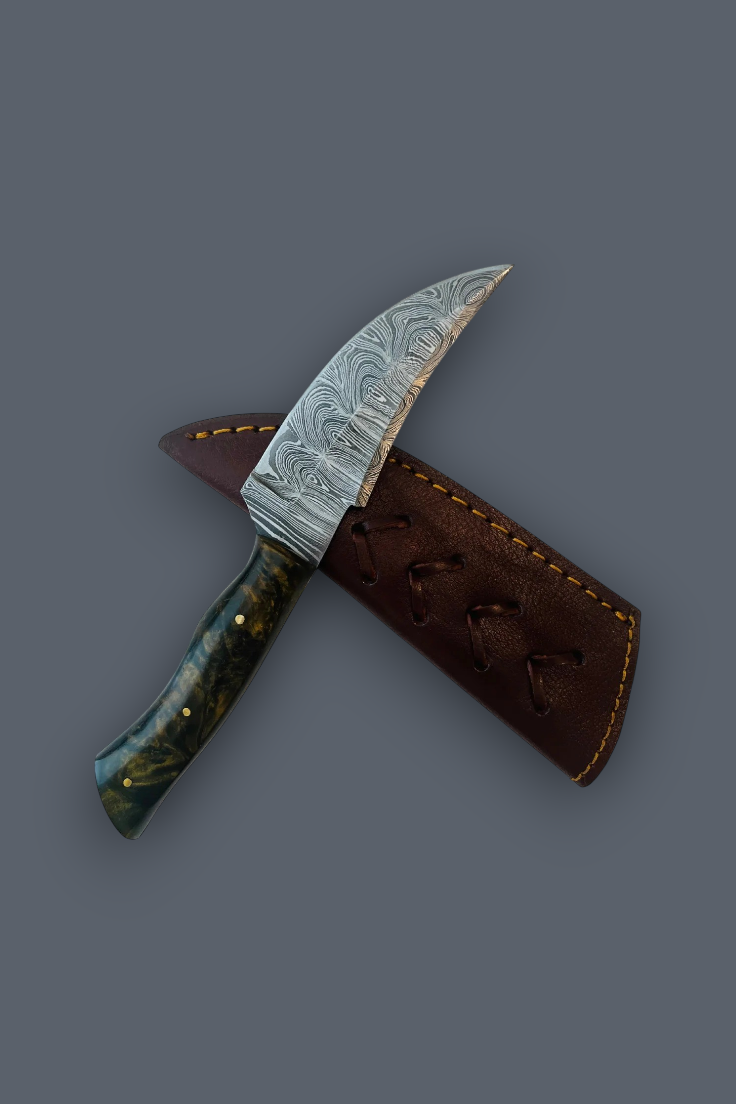 A fixed-blade knife with a patterned steel blade, a dark marbled handle, and a brown leather sheath, displayed on a solid dark gray background.