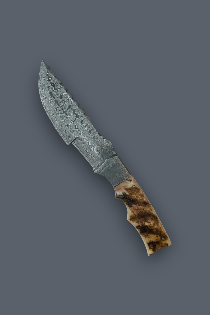 A fixed-blade knife with a patterned steel blade and a brown and black marbled handle, shown diagonally on a solid dark gray background.