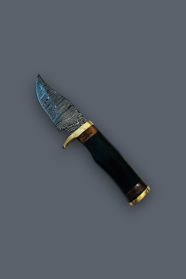 A fixed-blade knife with a patterned steel blade, a gold-toned bolster, and a dark brown handle with gold end caps, shown on a solid dark gray background.