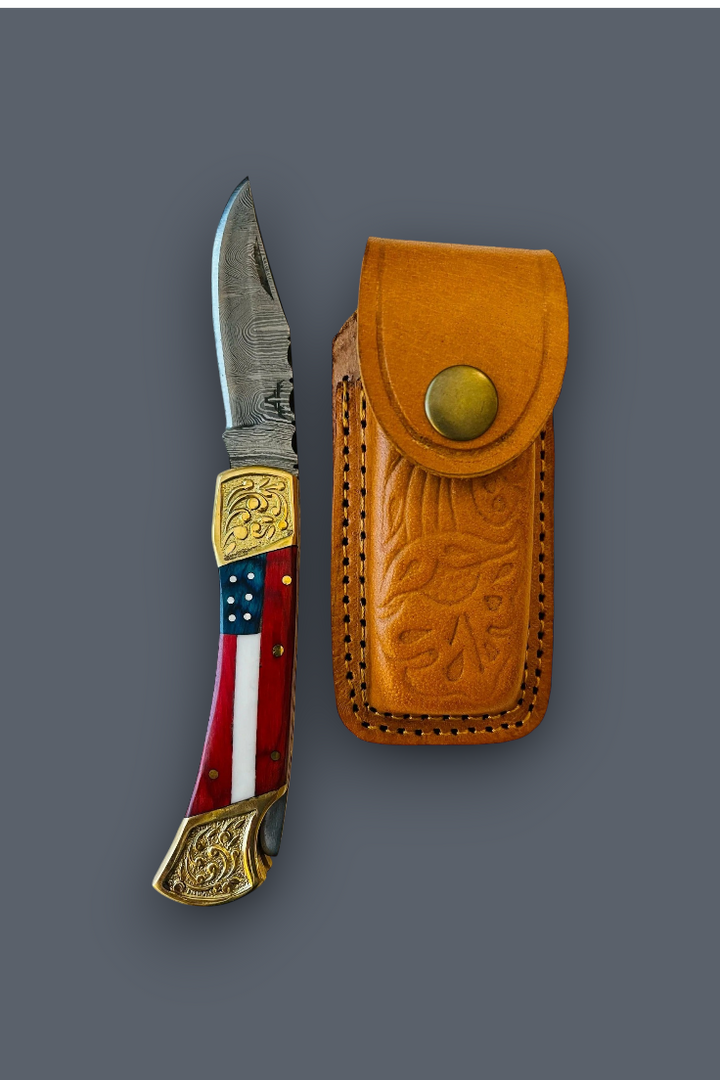Patriotic Knife Damascus steel pocket knife with US flag handle and flower brass bolster