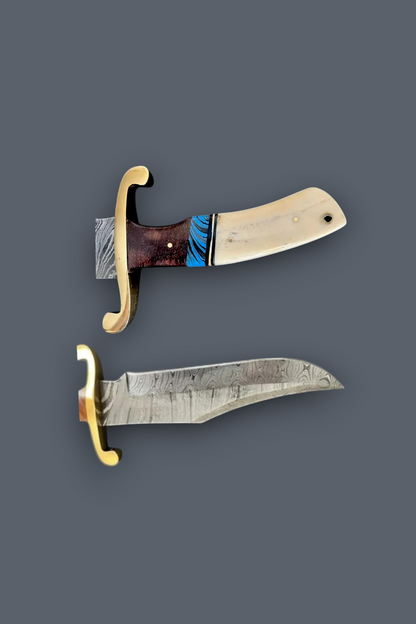 Two decorative knives with patterned steel blades, cream-colored handles, and gold-colored guard fittings, displayed against a solid dark gray background.