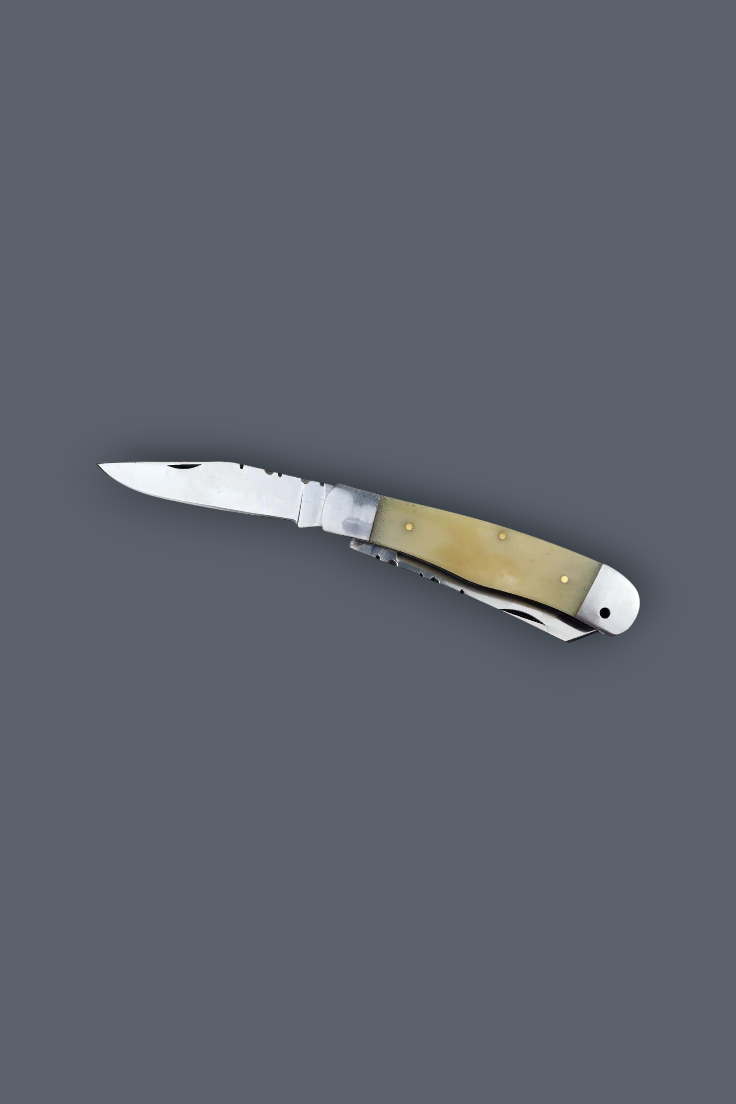 A folding pocket knife with a silver steel blade and a handle made of light tan bone or horn, shown against a solid dark gray background.