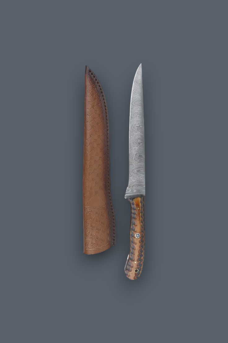 A fixed-blade knife with a textured brown handle and a matching brown leather sheath, displayed vertically against a solid dark gray background.