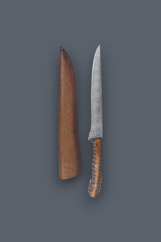 A fixed-blade knife with a textured brown handle and a matching brown leather sheath, displayed vertically against a solid dark gray background.