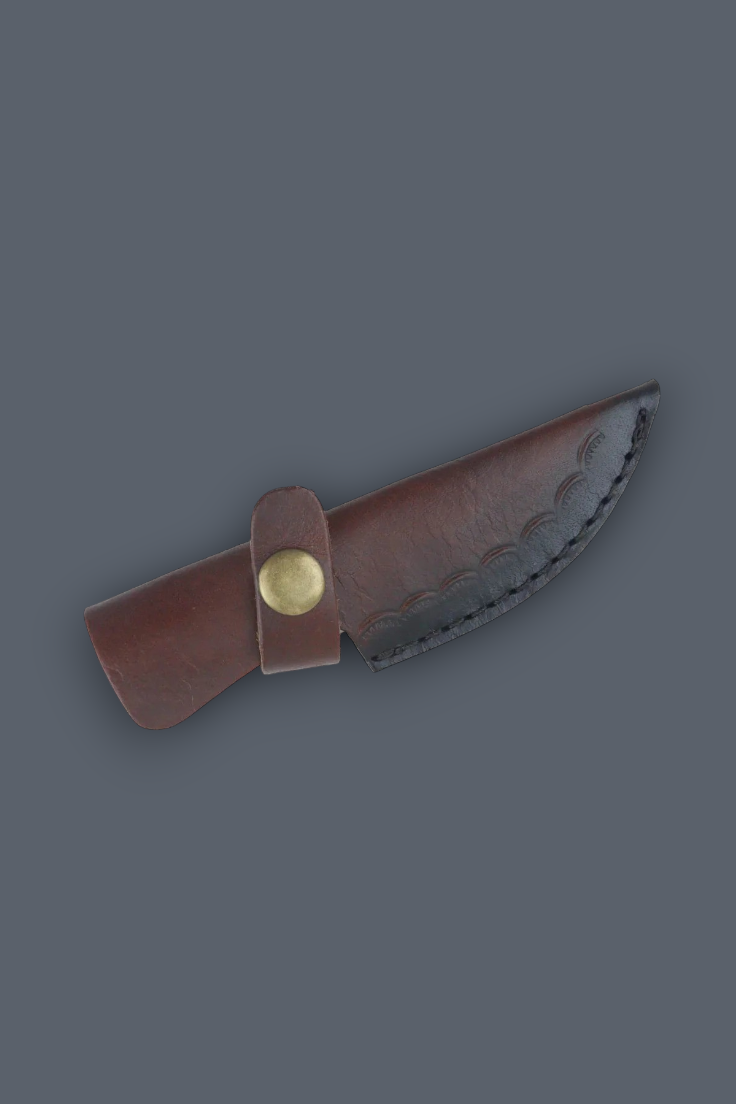 A small brown leather knife sheath with a brass snap button and a dark gray stitched blade insert, shown on a solid dark gray background.