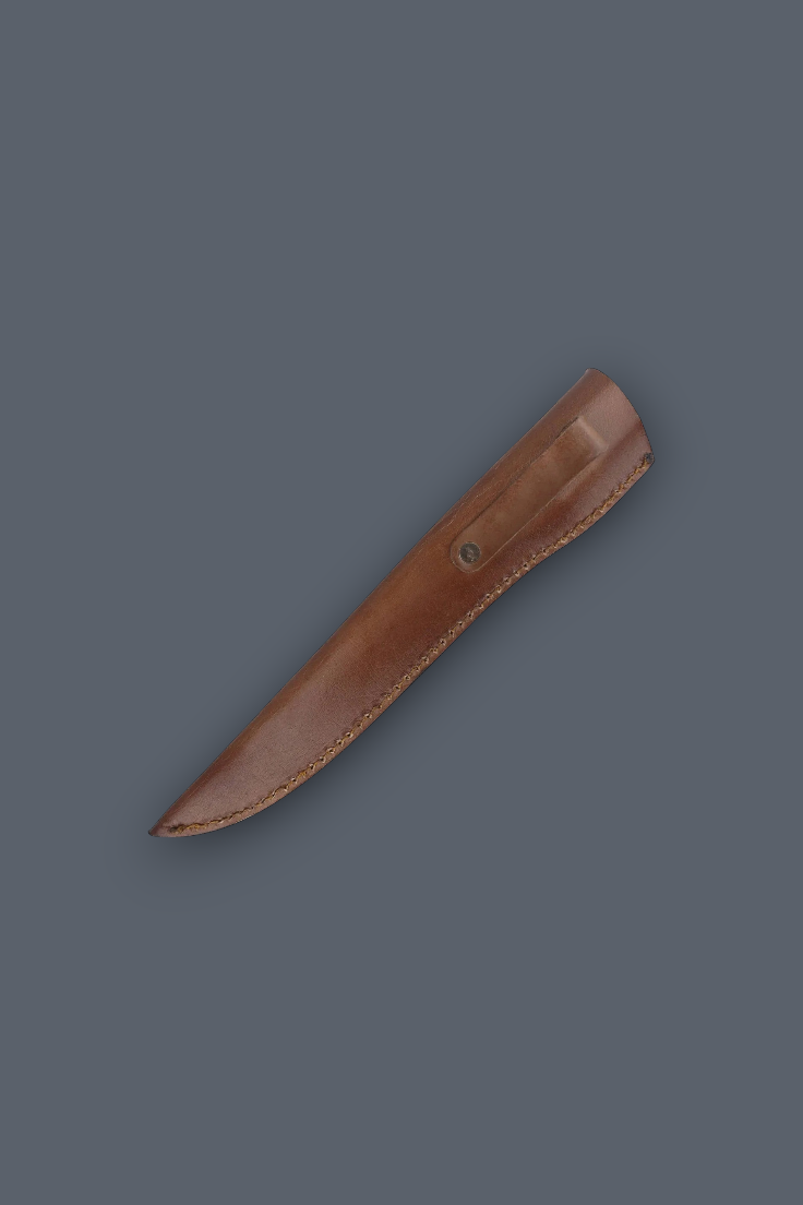 A brown leather knife sheath shown diagonally on a solid dark gray background.