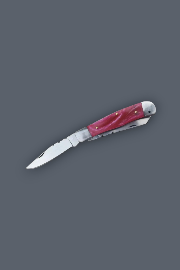 A pocket knife with a silver stainless steel blade and a reddish-pink contoured handle, shown against a solid dark gray background.