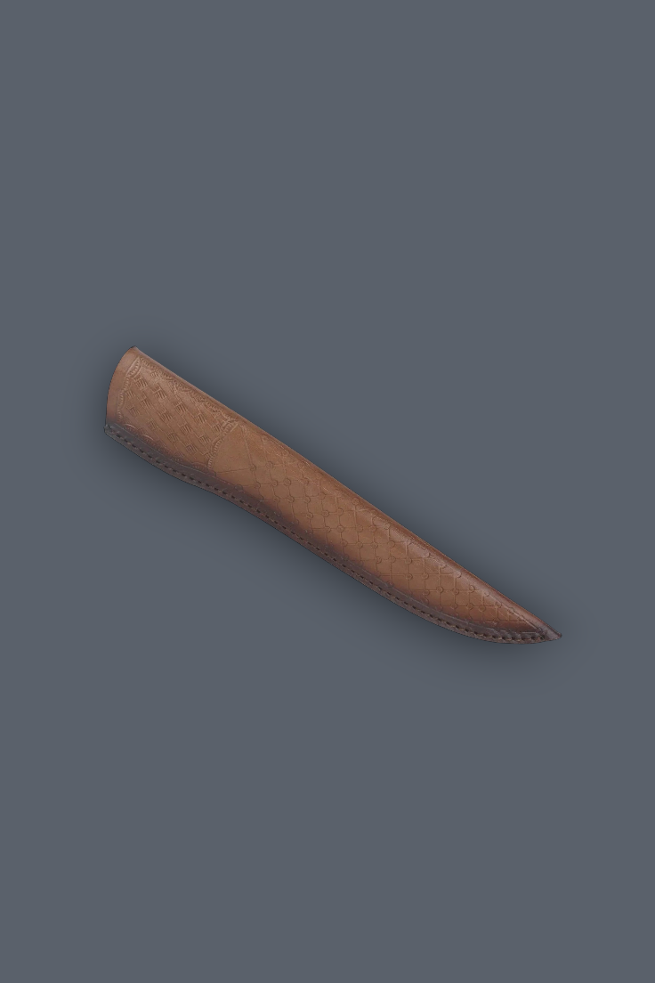 A brown leather knife sheath shown diagonally on a solid dark gray background.