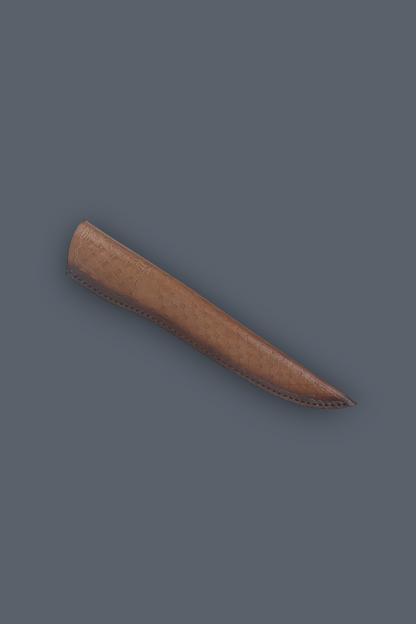 A brown leather knife sheath shown diagonally on a solid dark gray background.