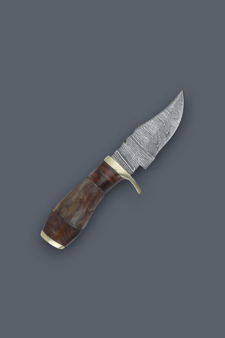 A fixed-blade knife with a patterned Damascus steel blade, a curved brown wooden handle, and brass bolsters, shown on a solid dark gray background.