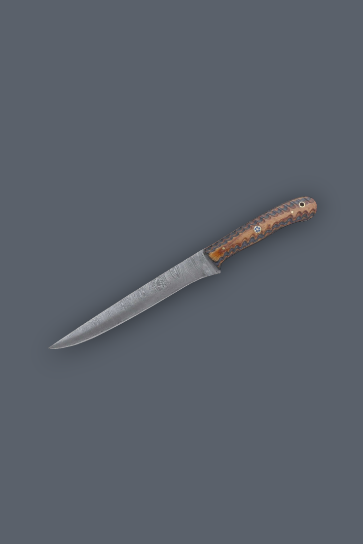 A single fixed-blade knife with a silver steel blade and a textured brown handle, shown diagonally on a solid dark gray background.