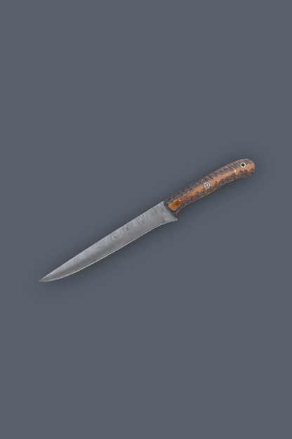 A single fixed-blade knife with a silver steel blade and a textured brown handle, shown diagonally on a solid dark gray background.