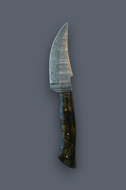 A custom fixed-blade knife with a Damascus steel blade and a dark, marbled wood handle with brass pins, shown against a solid dark gray background.