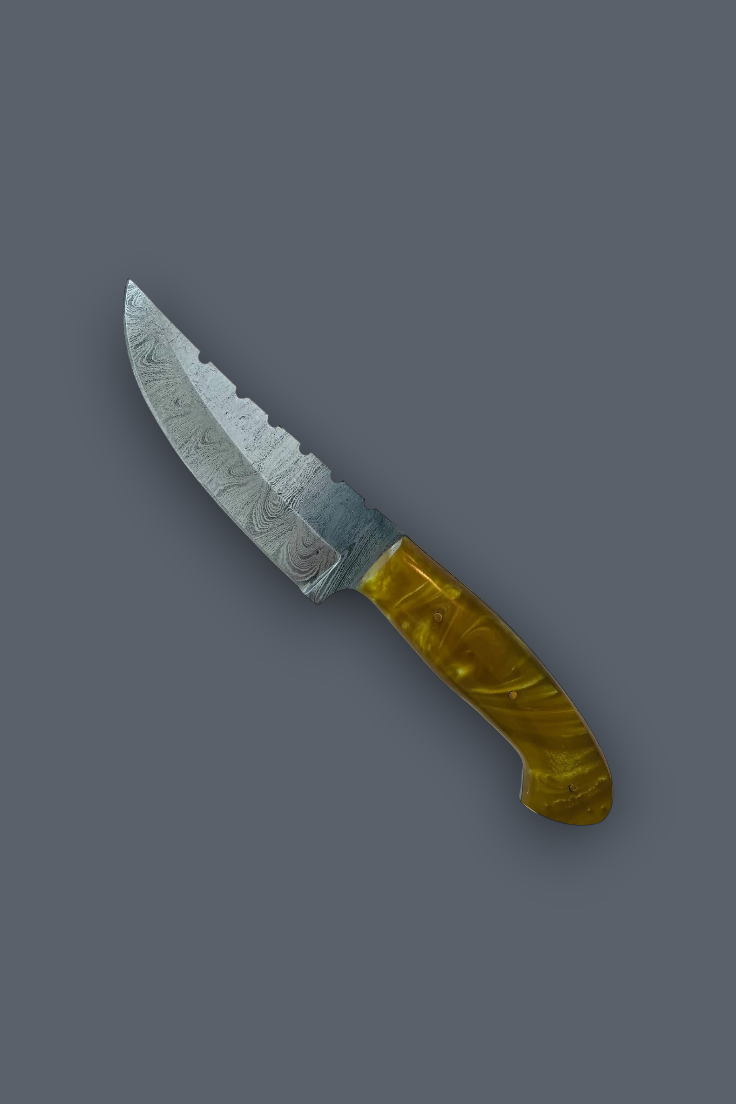 A fixed-blade knife with a patterned steel blade and a textured amber-yellow handle, shown diagonally on a solid dark gray background.