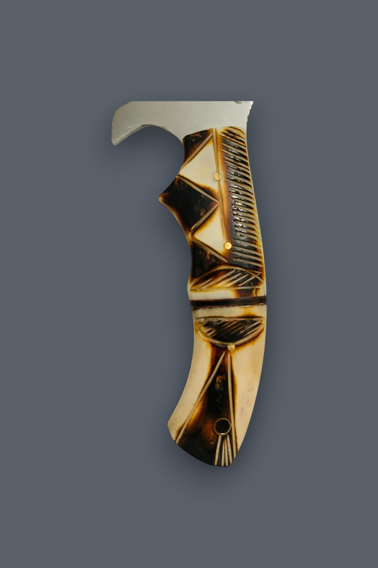 A decorative pocket knife with a curved, geometric handle made of carved bone or horn in cream and dark brown, and a silver-colored metal blade, shown against a solid dark gray background.