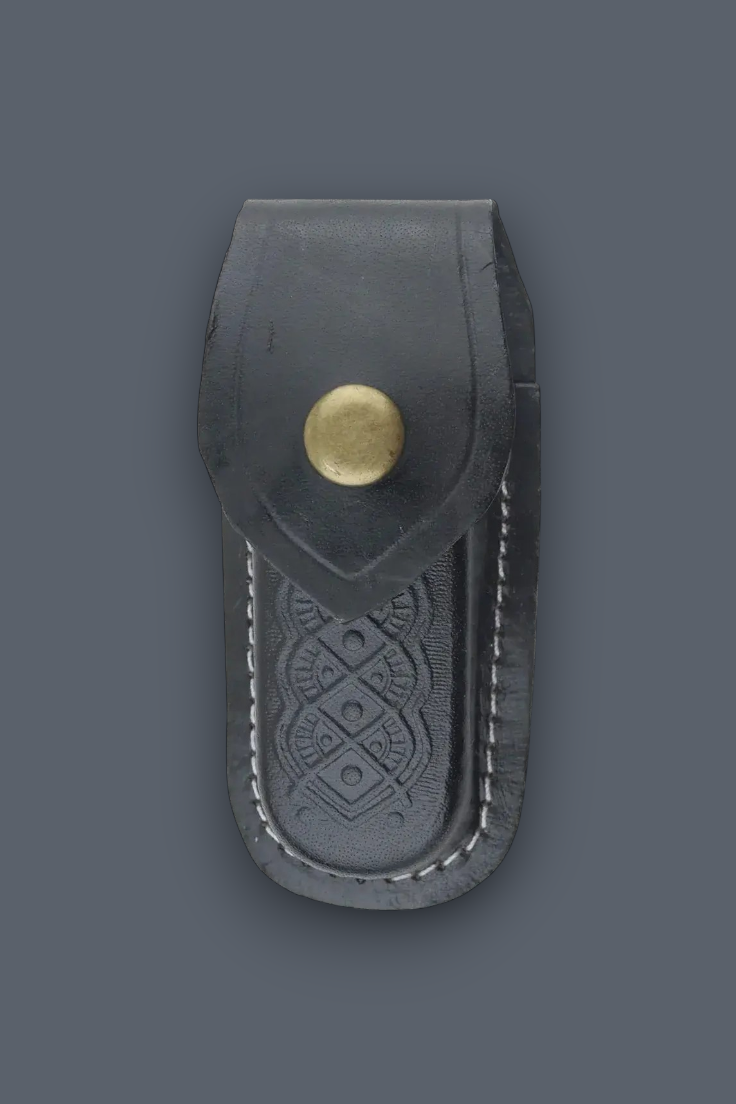 A dark gray leather sheath with an embossed geometric pattern and a brass snap button, shown against a solid dark gray background.