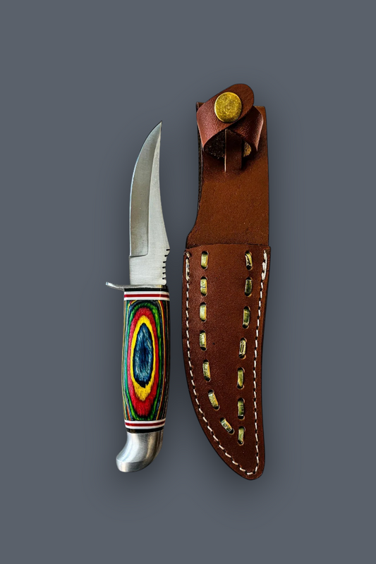 A fixed-blade knife with a polished silver blade and a colorful handle featuring concentric rings of green, yellow, red, and blue, shown next to its brown leather sheath with brass stitching and a brass snap button, set against a solid dark gray background.
