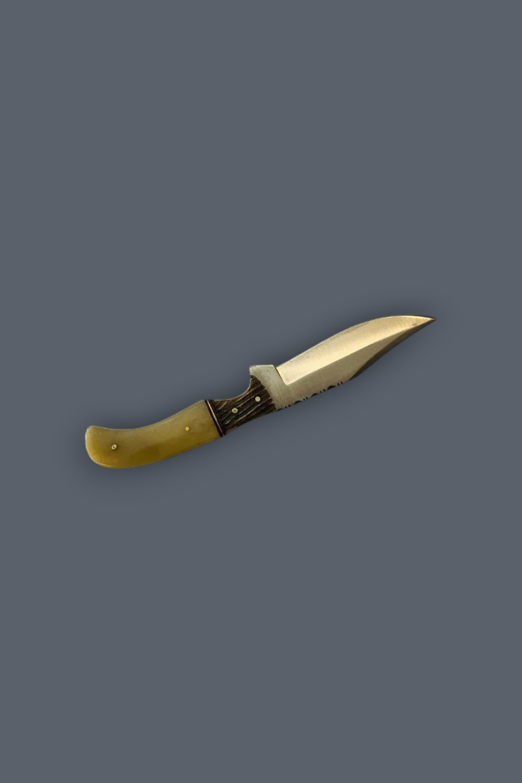 A small fixed-blade knife with a curved olive-green handle and a silver metal blade, shown diagonally on a solid dark gray background.