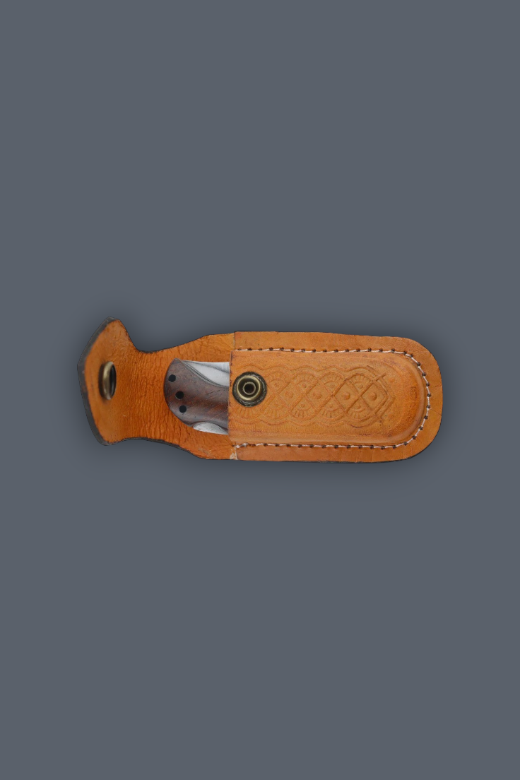 A tan leather knife sheath with a partially open knife showing a silver blade, set against a solid dark gray background.