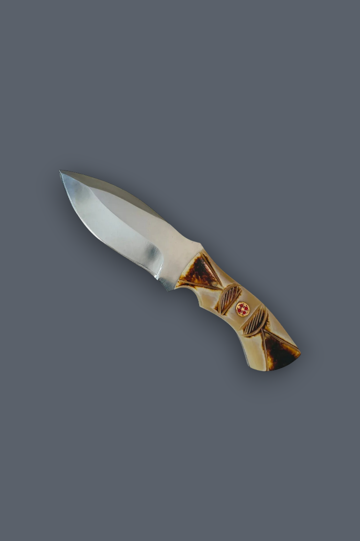A fixed-blade knife with a satin-finished silver blade and a contoured handle made of natural brown and beige wood, featuring a small red cross emblem, shown on a solid dark gray background.